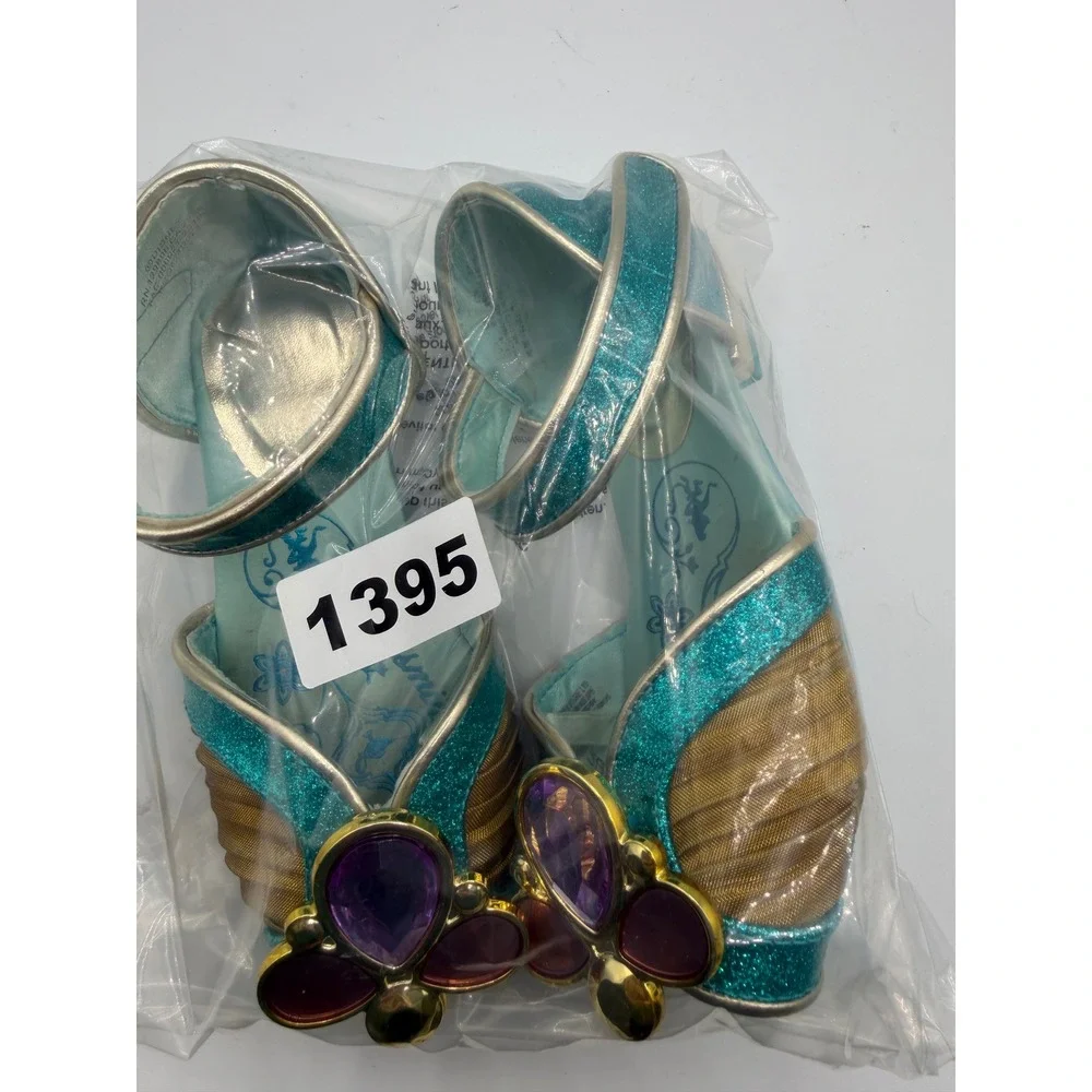 Disney Princess Jasmine Teal Glitter Dress Up Shoe Girls 8/9 6inches Kitten Heel